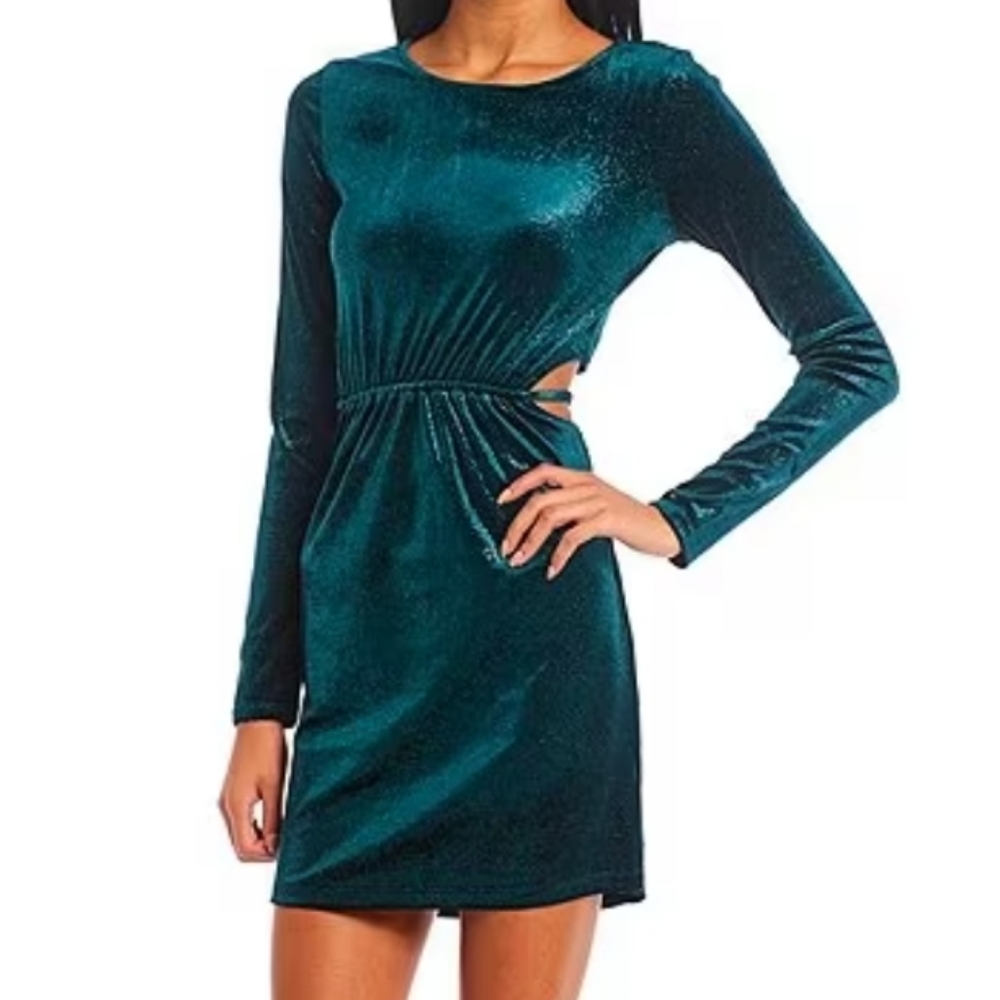 Long Sleeve Side Cut-Out Back Tie Green Shimmer Dress Size Large